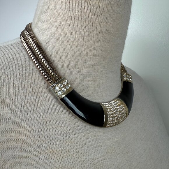Gold Tone w/ Black Enamel & Rhinestone Collar Necklace 19.5" - Picture 5 of 9